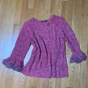 Nic+Zoe  Multi rose colored Tape Yarn marled sweater with fringe at sleeve hem.
